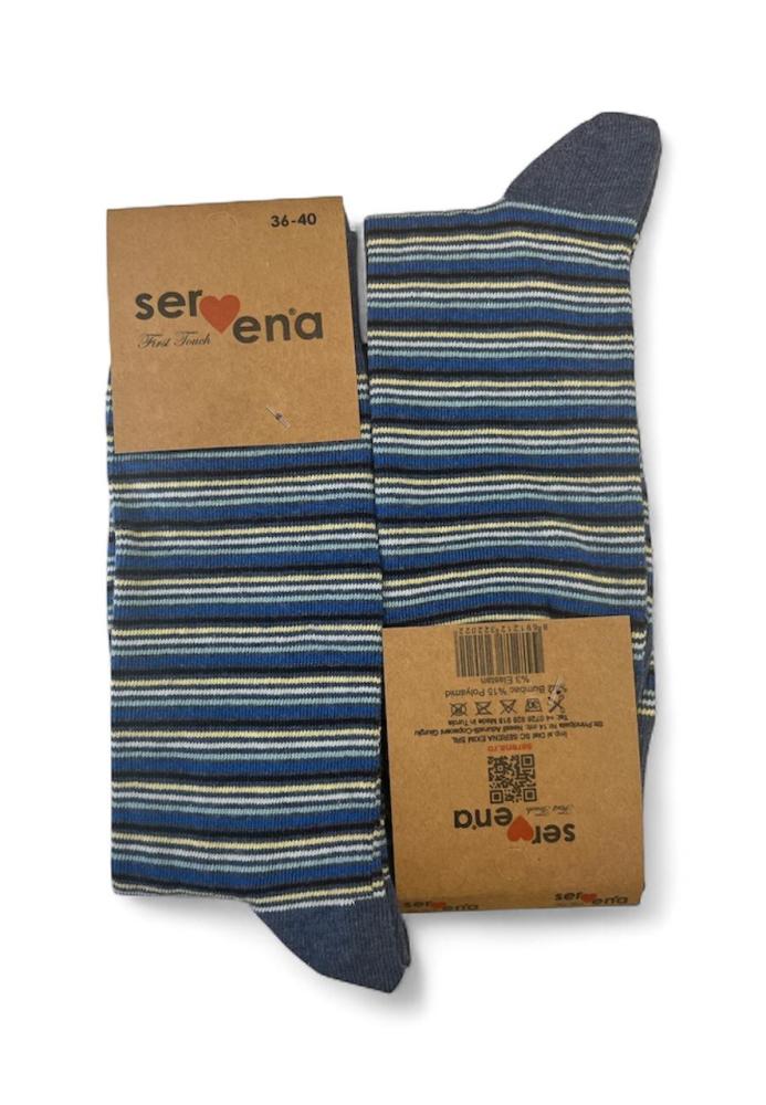 Sosete Unisex,Inalte,Culoare Albastru cu Dungi Colorate ,Engros